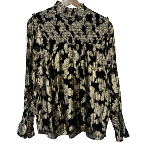 Elan Metallic Brocade Floral Blouse Womens Small Black/Gold Smocked Party Top - Picture 1 of 6